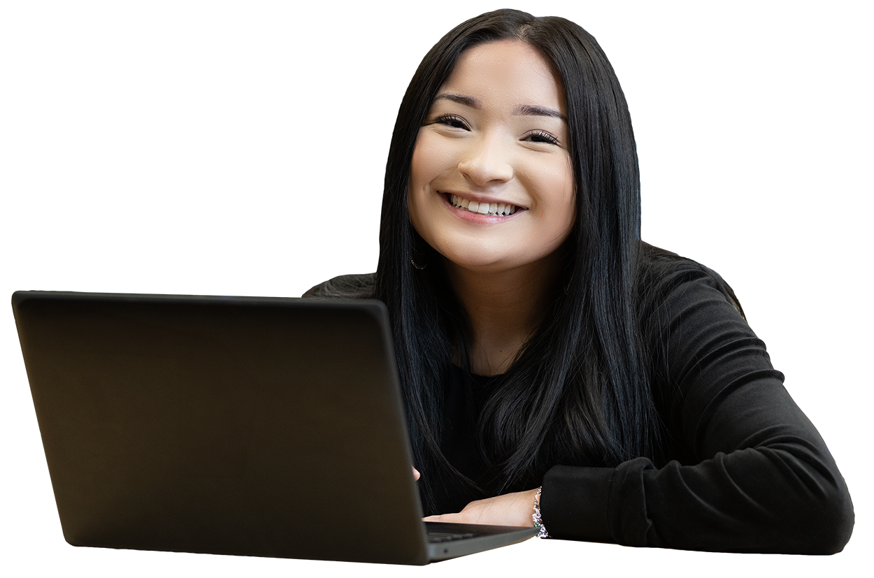 Smiling woman using laptop on transparent background