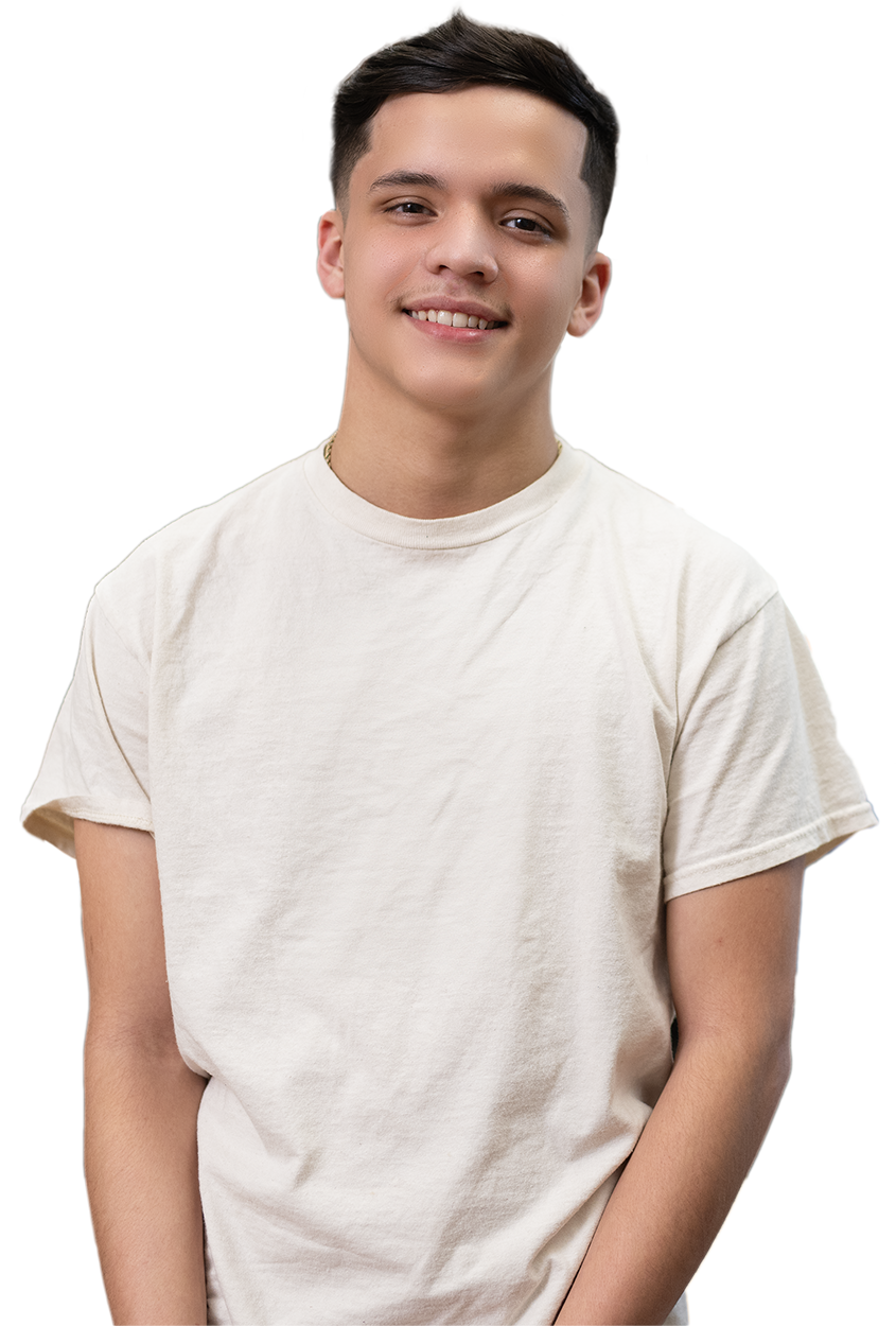 Smiling young man in beige t-shirt standing