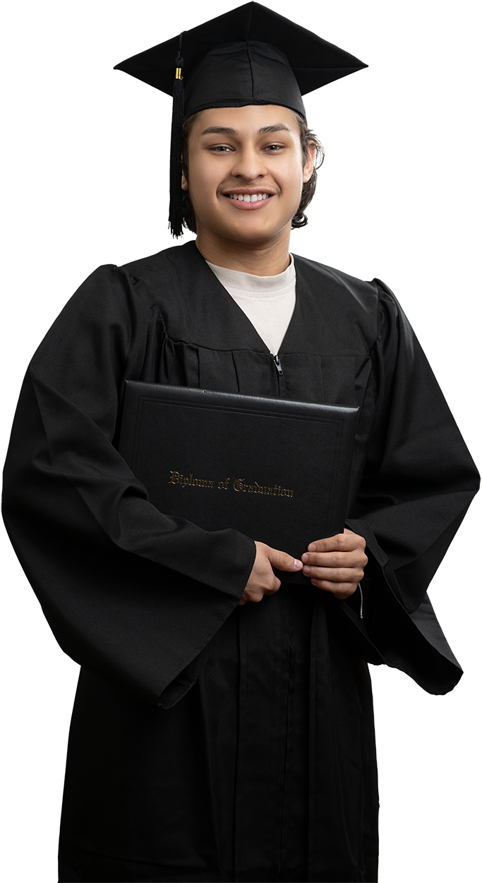 Graduate in cap holding diploma smiling proudly