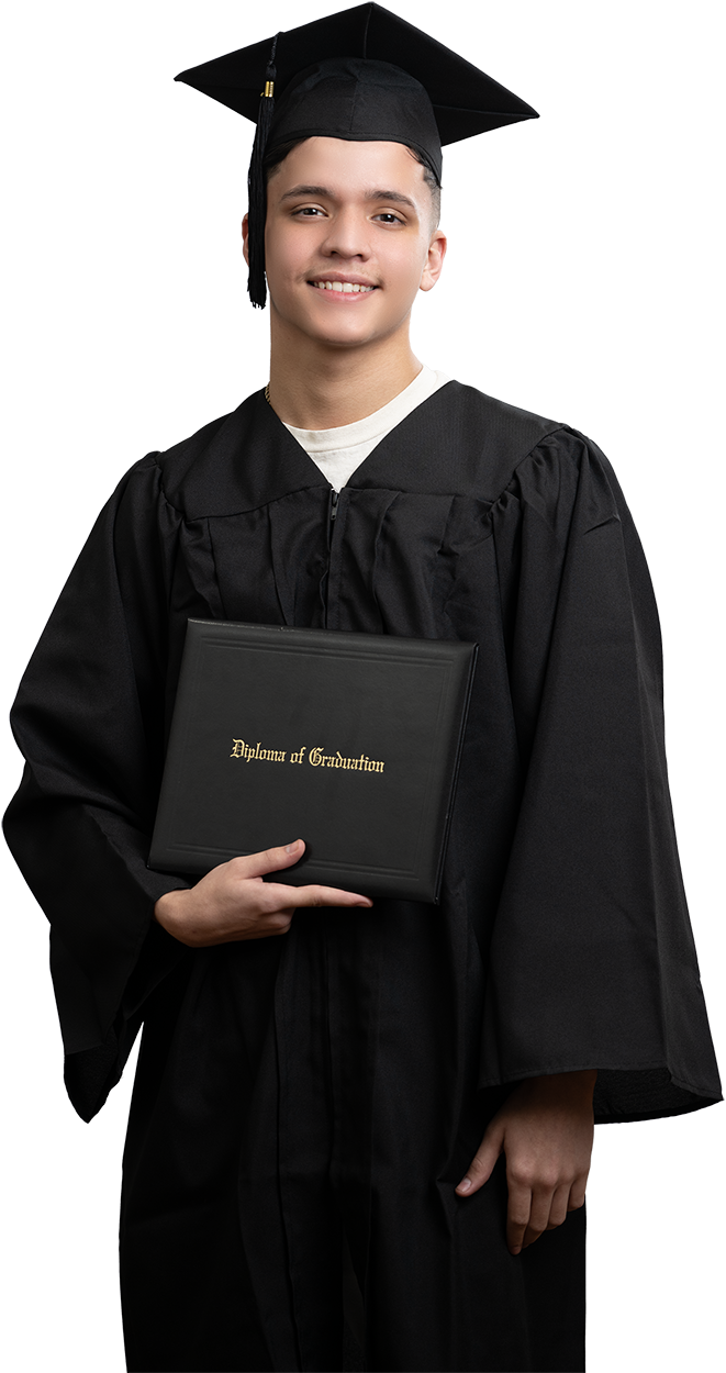 Graduate in cap and gown holding diploma