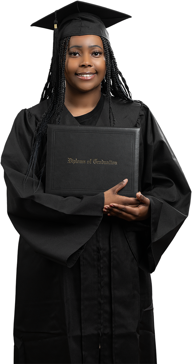 Graduate student holding diploma in cap and gown