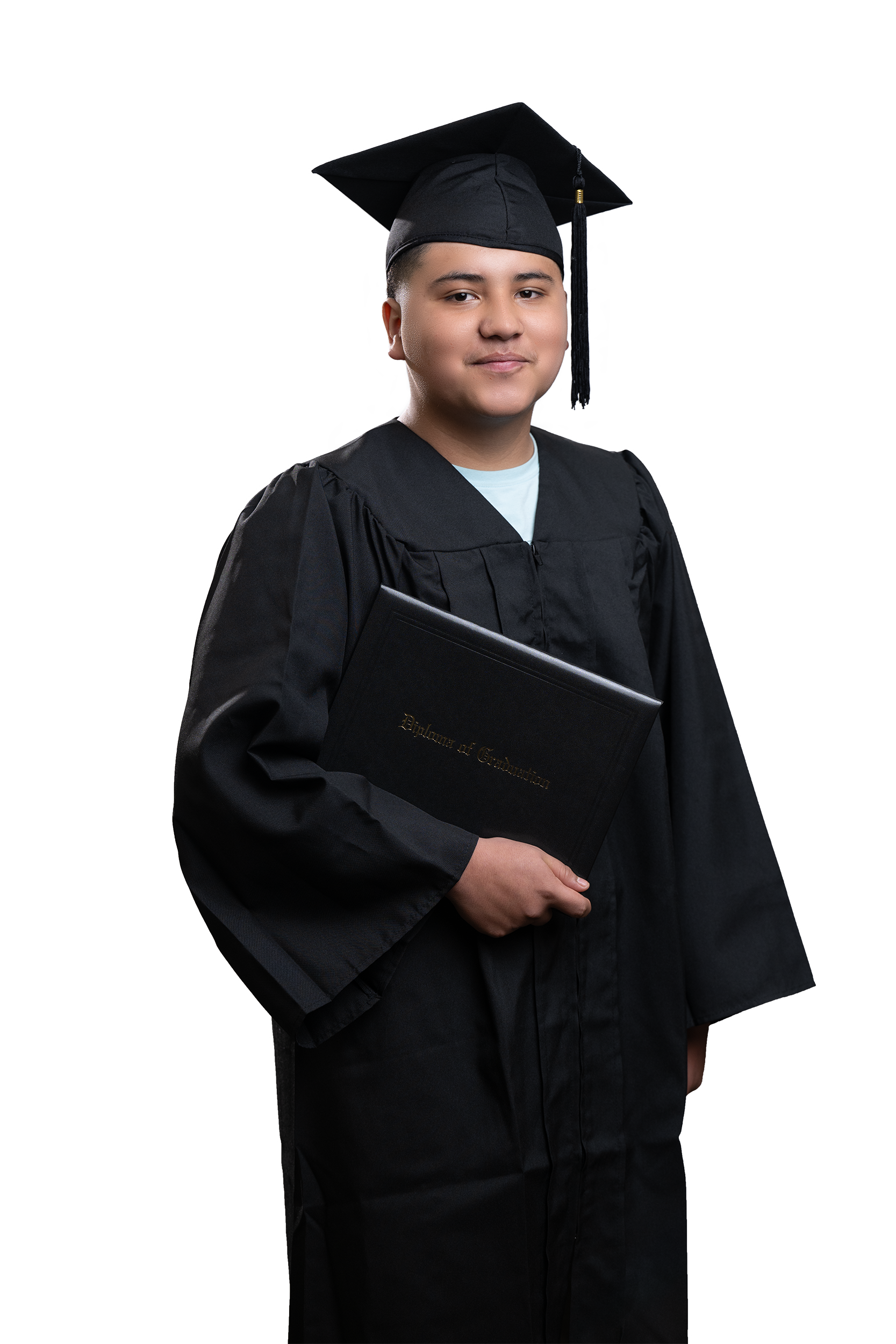 Young graduate in cap and gown holding diploma