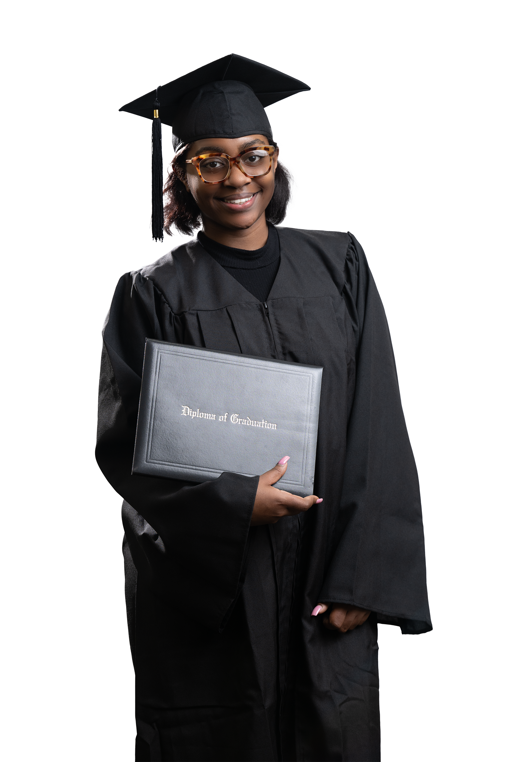Graduate in cap and gown holding diploma.