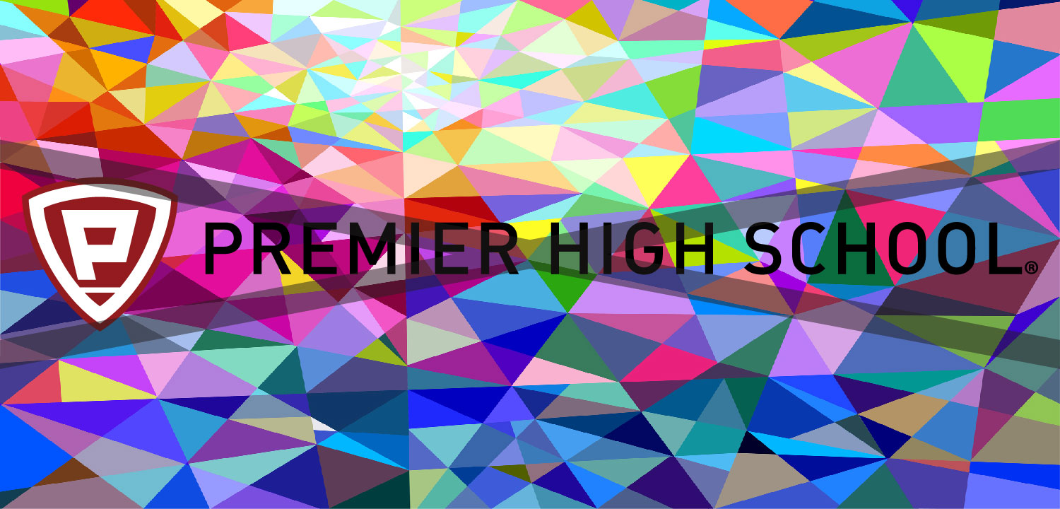 Colorful geometric background with Premier High School logo.