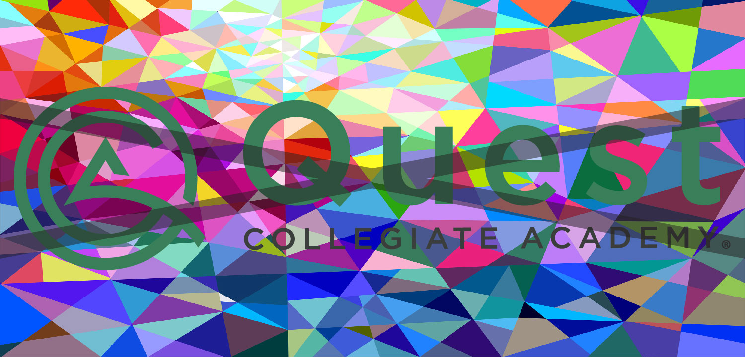 Abstract colorful geometric background with Quest Collegiate Academy logo.