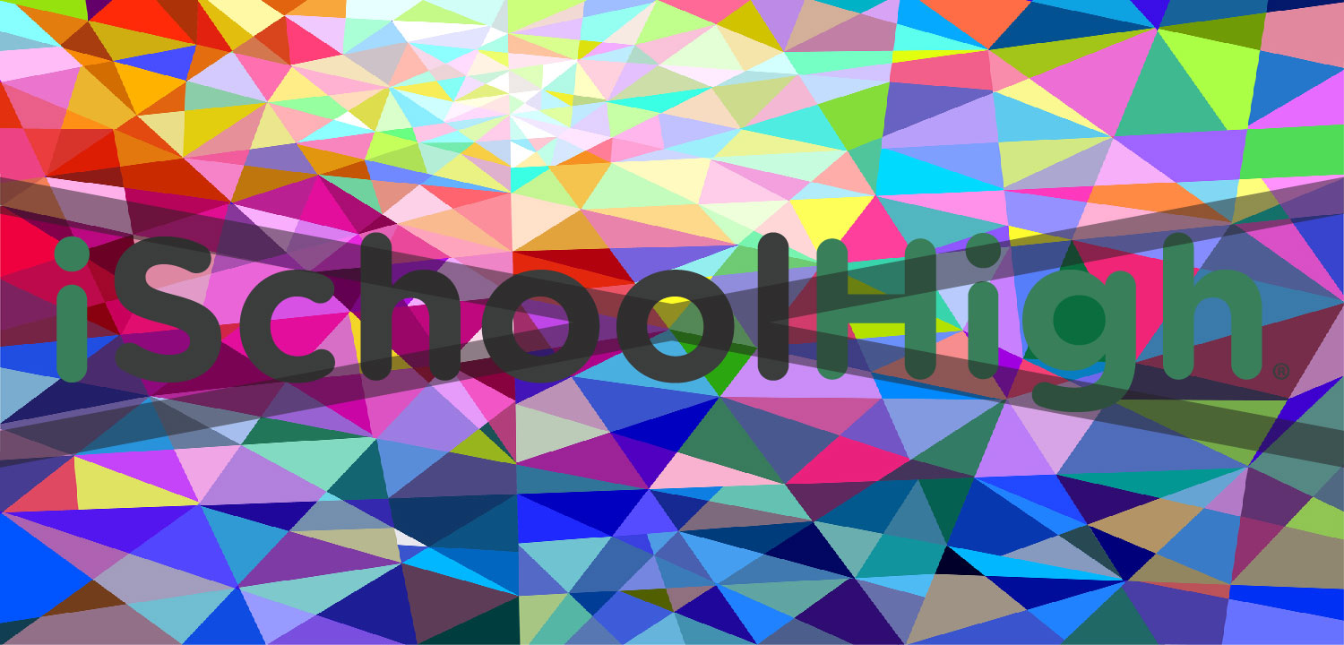 Colorful geometric background with iSchoolHigh text overlay.