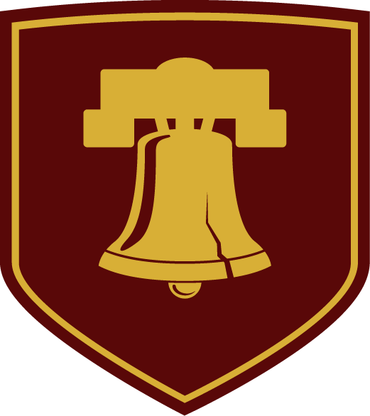 Maroon and gold bell emblem on shield