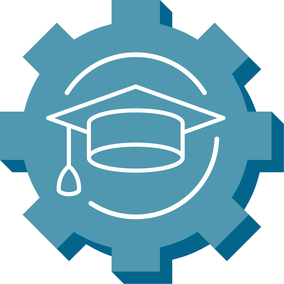Graduation cap inside blue gear education icon