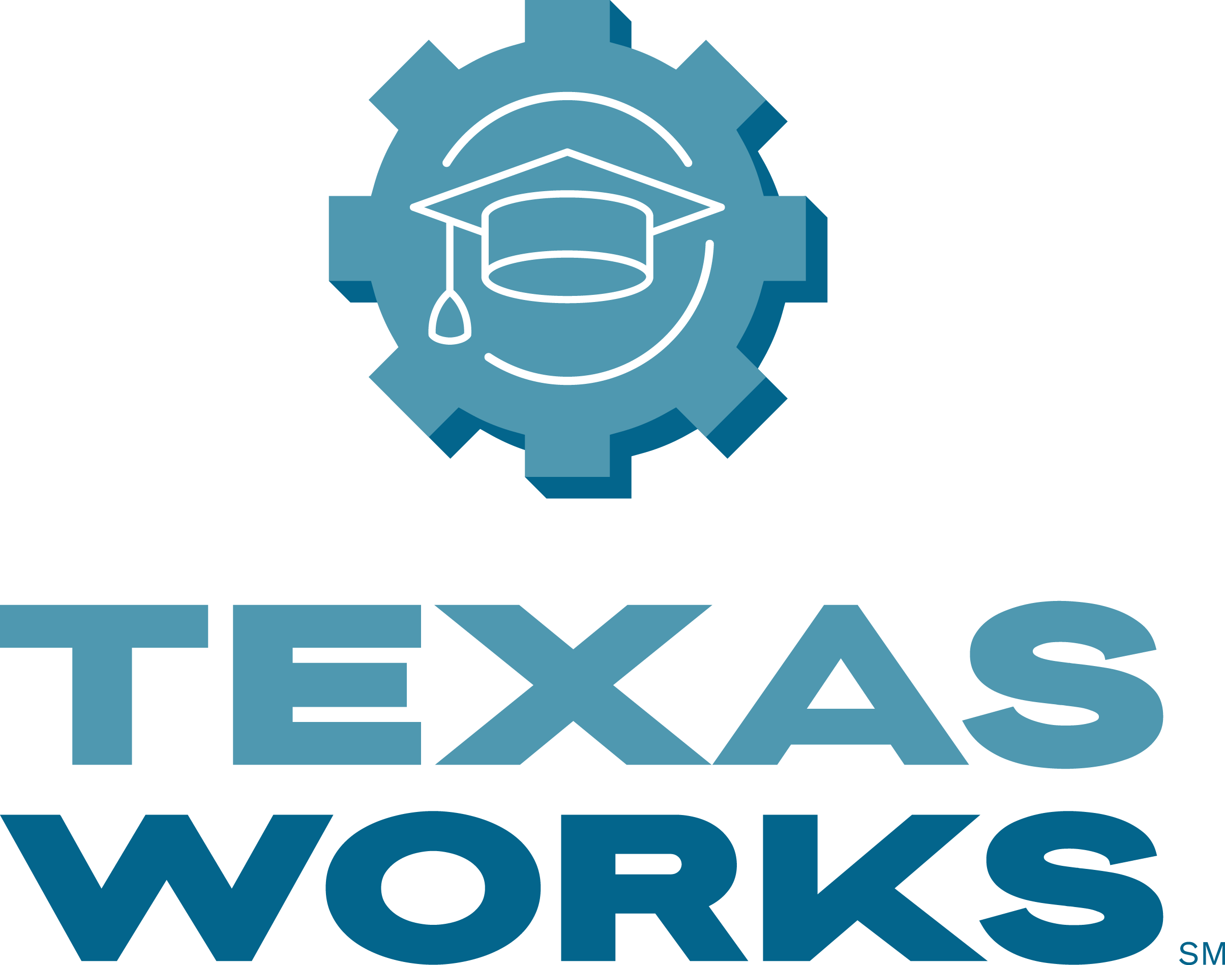 Texas Works logo with graduation cap and gear