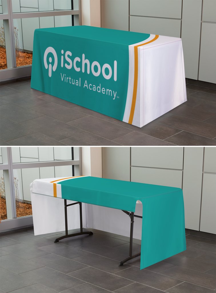 Custom branded iSchool Virtual Academy promotional tablecloths