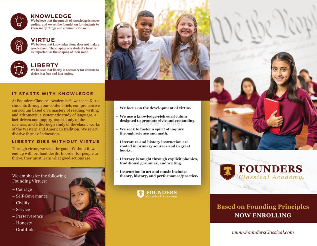 Group of happy students with Founders Classical Academy brochure.