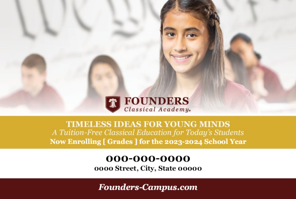 Young girl smiling in Founders Classical Academy advertisement