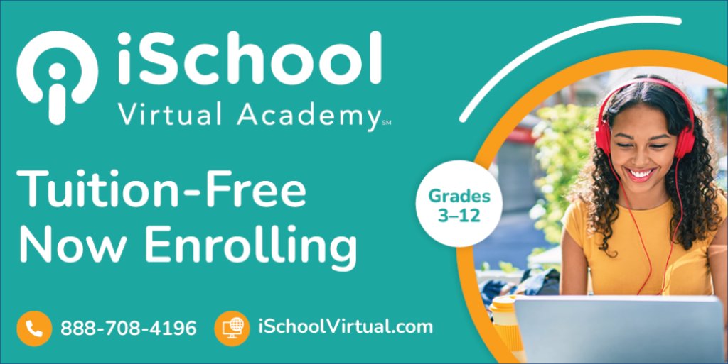 Happy student with laptop enrolling in iSchool Virtual Academy.