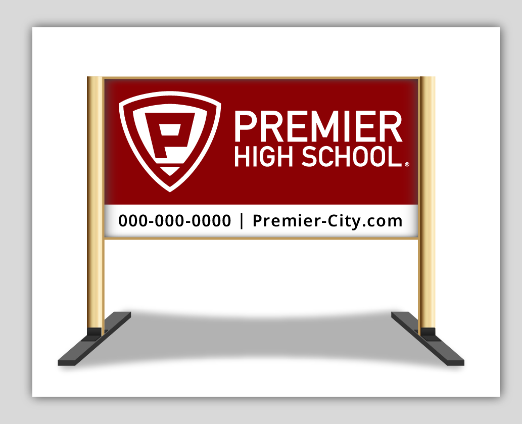 Premier High School banner with contact information