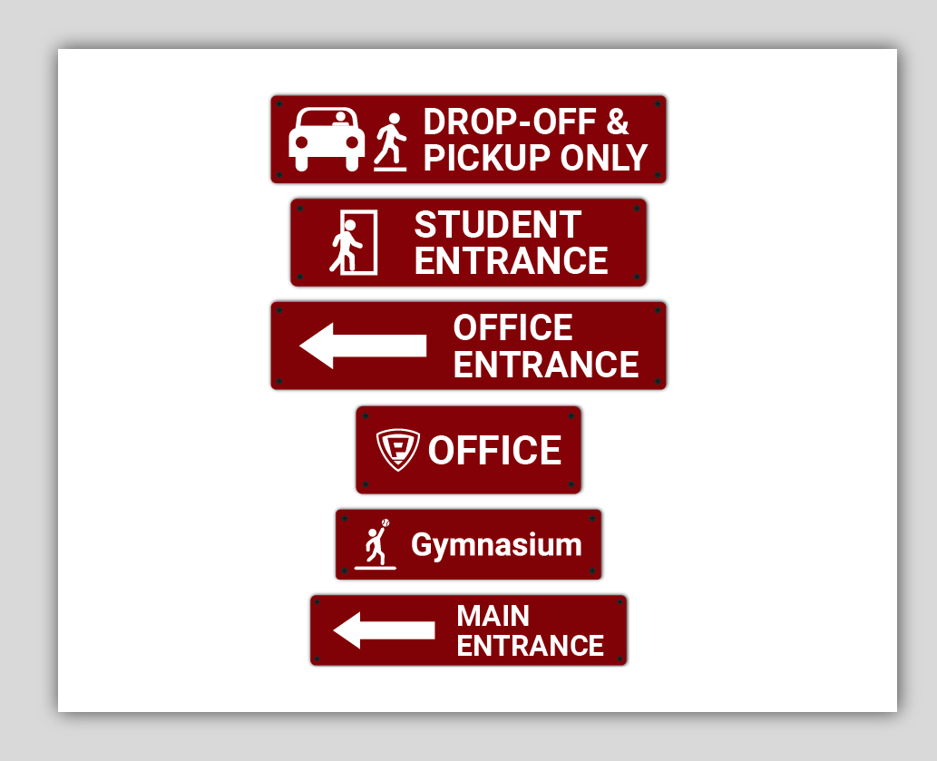 School directional signs for various entrances and facilities