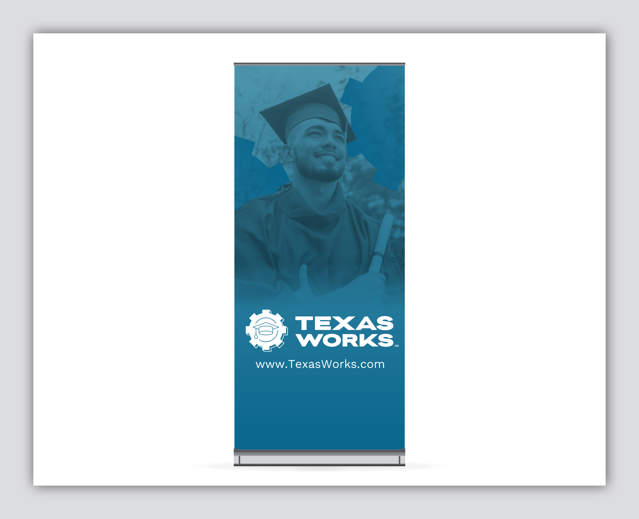 Graduating student featured on Texas Works banner.