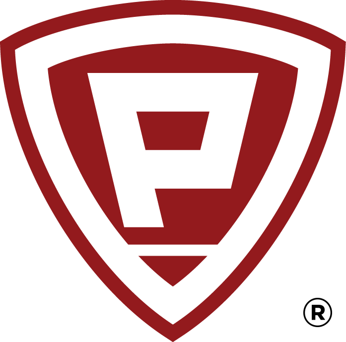 Red shield with stylized white letter P